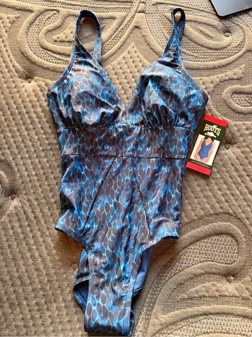 NWT Roots Blue Abstract One-Piece Swimsuit - 8